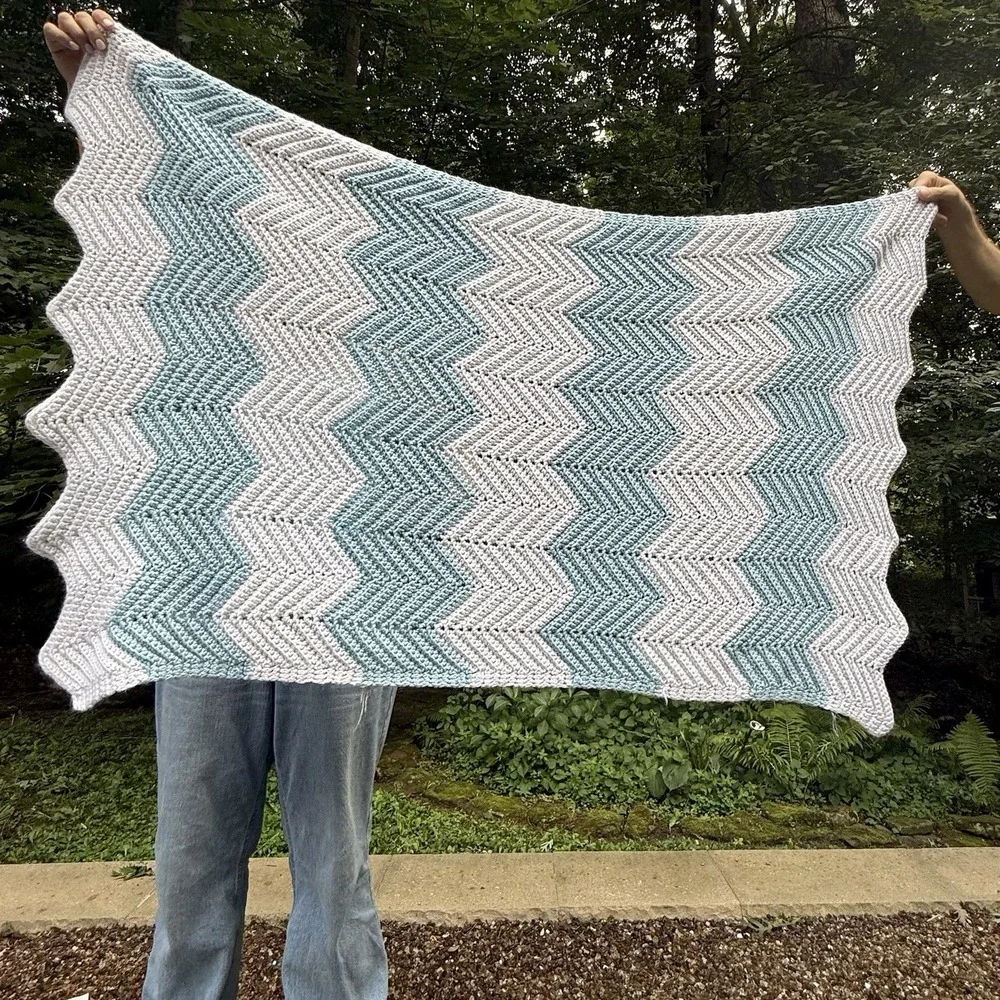 Handmade Crochet Chevron Ripple Afghan 59.5x36.25 Light Blue White Throw Blanket